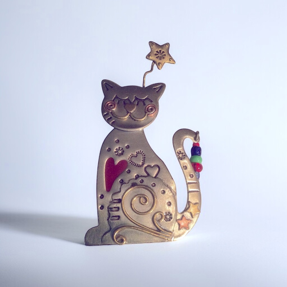 Whimsical Silver Tone Enamel & Bead Accent Happy Kitty Pin